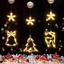 suddus Christmas Window Lights Decorations, 3Pcs Tree-Jingle Bell-Deer Shaped Xmas Lights Battery Powered with Suction Cups & Timer, Hanging String Lights Indoor for Tree, Fireplace, Warm White