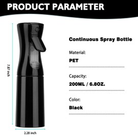 Zuhose Continuous Spray Bottle, 6.8OZ /200ML Hair Mister Spray Bottle, Mist Spray Bottle for Hair, Fine Mist Water Spray Bottle for Salons,Barber, Plants, Skin Care, Cleaning(Black,2 Pack)