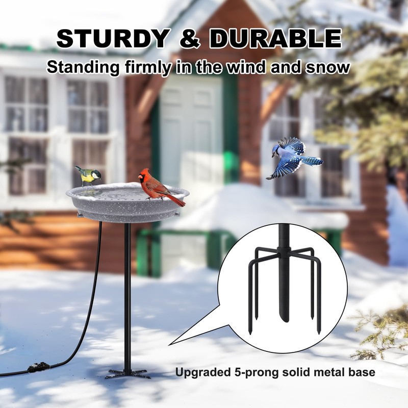 BIRD WISH Heated Bird Bath, Stable 5-Prong Metal Base Thermostat
