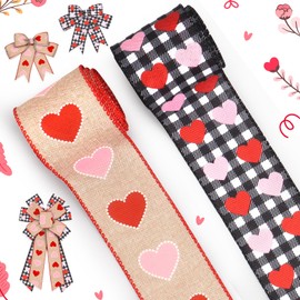 ALIBBON 2 Rolls 2.5" × 5 Yd Valentine's Day Ribbon Pink Red Valentines Heart Wired Ribbon Buffalo Plaid Ribbon for Valentines Wreath DIY Crafting Gifts Wrapping Valentines Decoration