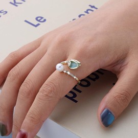 Cybche Boho Pearl Flower Open Ring Birthstone Tulip Floral Band Ring Adjustable Diamond Cz Rhinestone Flower Knuckle Finger Rings Wedding Bridal Jewelry for Women