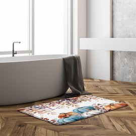 Fall Pumpkin Bath Mat Watercolor Eucalyptus Leaves Autumn Rustic Pumpkin Floral Thanksgiving Harvest Blue Orange Microfiber Memory Foam Doormat Bathroom Rug,17.8x29.5 Inch