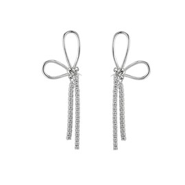 SLUYNZ Sterling Silver CZ Bow Dangle Earrings for Women Rhinestone Bow Drop Earrings Tassel, Sterling Silver