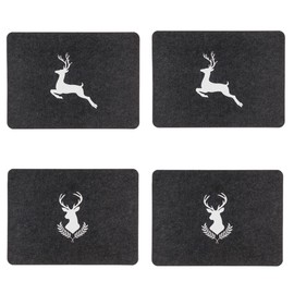 Stag Felt Place Mat Set, 44 x 32 cm, Set of 4, Lightweight, Durable, Wet Rubbed (4 x Black (2 x Deer + 2 x Stag Head))