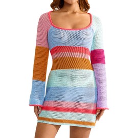Fabumily Women Crochet Knit Mini Dress Long Sleeve Colorful Mesh Cover Ups Casual Sweater Dress Summer Beach Wear (C- Colorful Pink Blue, M)