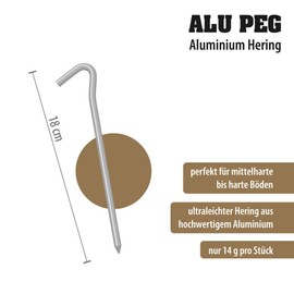 outdoorer Alu Peg, Zeltheringe aus Alu, Erdnagel, 18 cm Heringe, 8er Aluhering Set mit Transportbeutel