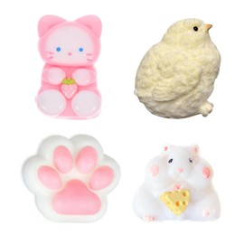 4 PCS Taba Squishy Kit, Fufu Squishy Toys Set with Strawberry Cat, White Hamster, Cat Paw and Chick, Stress Relief Sensory Toys for Office, Classrooms, Birthday Gifts