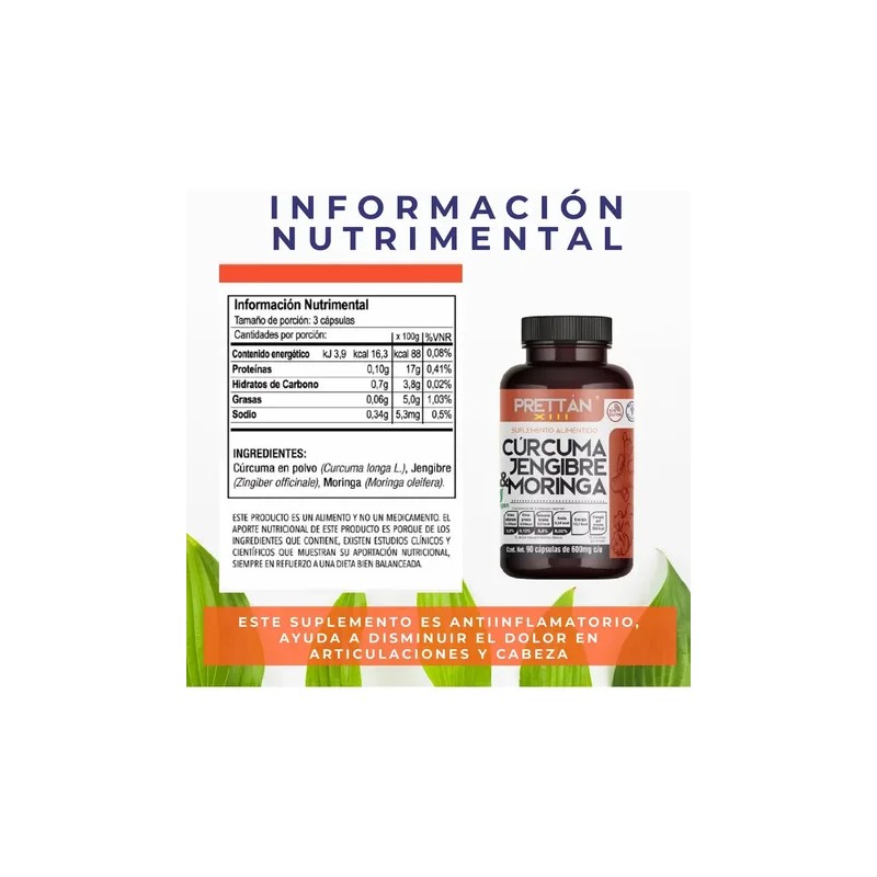 Cúrcuma Jengibre Y Moringa Prettan 600mg 90 Caps 2 Frascos