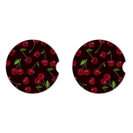 Red Cherry Absorbent Car Cup Coasters,Cup Holders,Cork Base Drink Coasters with Finger Notch for Easy Move of Car Cup Holder for Women Men 2.6"(2 Pieces)