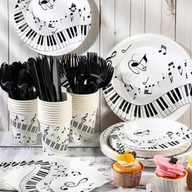 Tioncy 171 Pieces Musical Party Supplies Disposable Musical Notes Tableware Set Serves 24 with Plates Napkins Cups Banner Plastic Musical Tablecloths for Music Themed Birthday Party Decorations