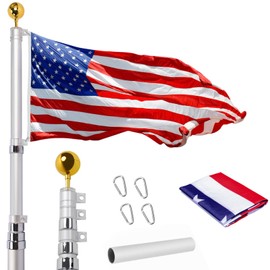 14 Gauge 20FT Telescoping Flag Pole Kit, Heavy Duty In Ground Telescopic Flag Poles with 3x5 American Flag, Outdoor Old Glory Flagpole Kits for Outside, Yard, Residential or Commercial
