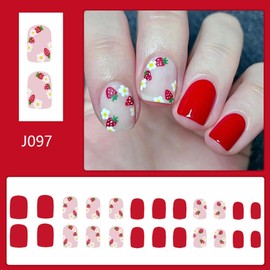 Glossy Red Press on Nails Short Square Fake Nails with Strawberry Designs White Flower False Nails Spring Stick on Nails Summer Full Cover Reusable Artificial Nails for Women Girls Manicure 24Pcs