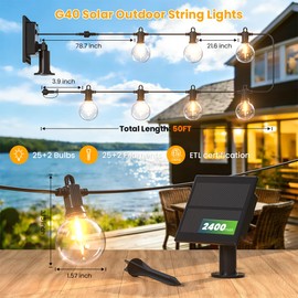 50FT Solar String Lights Outdoor Waterproof IP65 with USB-Charging , Solar Powered LED Patio Lights with 25+2 Shatterproof G40 Globe Bulbs, Hanging Lights for Outside Backyard Garden Bistro Gazebo