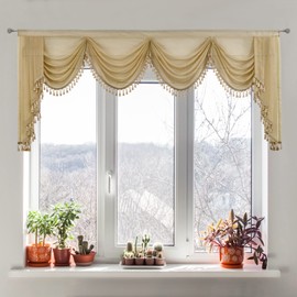 OYRING Beige Sheer Window Curtains Valance for Living Room Waterfall Swag Valance for Bedroom Toppers Curtain Rod Pocket Valance Curtains (1 Panel, W110 Inch)