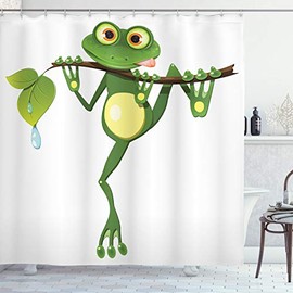 Ambesonne Animal Shower Curtain, Little Frog on Branch of The Tree in Rainforest Nature Jungle Life Art Earth, Cloth Fabric Bathroom Decor Set with Hooks, 70" Long, White Green