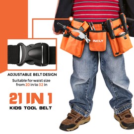 INCLY 18PCS Kids Tool Set with Reinforced Belt, Adjustable Waist 20"-32", Boys Real Hand Tools Kit Children Construction Learning Tools Hammer Screwdriver for Home DIY Building & Woodworking