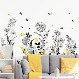 Black Yellow Flower Wall Decals Sketch Garden Floral Wall Stickers Simple Line Art Wildflower Yellow Grass Butterflies Wall Art Decor for Bedroom Living Room Sofa TV Backdrop