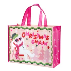 WRAPAHOLIC Snowman Christmas Large Reusable Gift Bag with Handles - 10 x 5 x 13 inch - Pink Christmas Chill Snowman Gift Bag, Perfect for Holiday, Party Favor, Shopping
