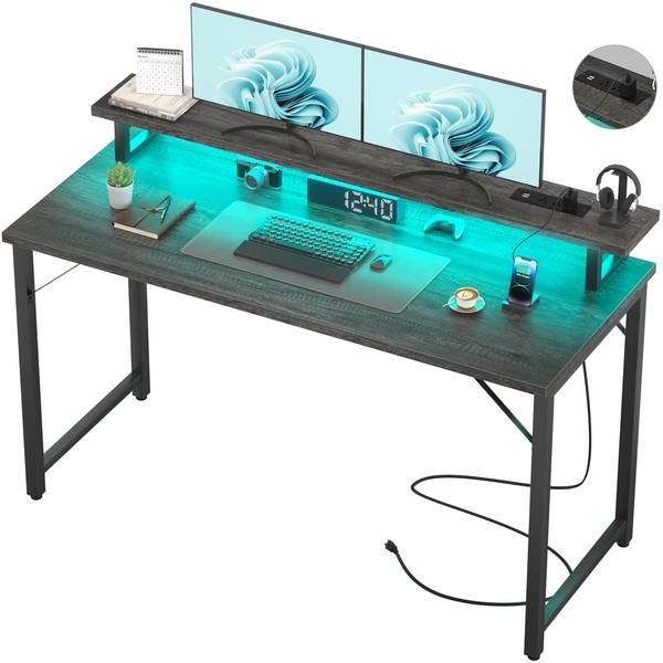 Hyomdeck Computer Desk with USB Power Outlets and LED Lights,