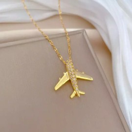 Unbranded Aircraft Airplane Jewelry Silver Look Aviation Pilot Travel Pendant Necklace - Jeweled Gold