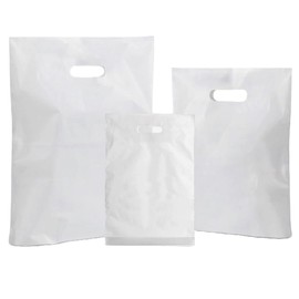 isupli 100 x Patch Handle Bags 12" x 12" x 4" Large White Plastic Carrier Bags, Versatile Carry Bags for Shopping Gifts Boutiques Groceries Market Stall