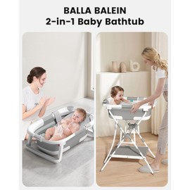 BALLA BALEIN Baby Bathtub with Stand, 2-in-1 Collapsible Bath Tubs for Newborn to Toddler, Infant Bathtub with Folding Stand, Portable Bathtub for Baby Including Soft Cushion, Storage Pad
