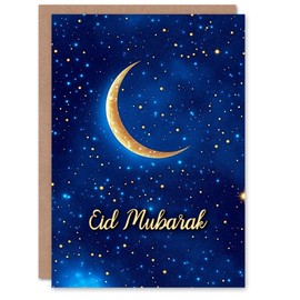 Artery8 Eid Mubarak Greeting Card Crescent Moon Sky Festival Blank For Him Or Her Art Eid al-Fitr Card