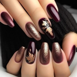 Vopintpy Fall Press on Nails Long Ballerina Coffin Nails Thanksgiving Maple Leaf Acrylic Glue on Nail Glossy Autumn Gold Maple Leaves Fake Nail for Women DIY Manicure