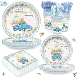 168PCS Blue Pumpkin Baby Shower Party Supllies for Boys Floral Birthday Party Decorations Thanksgiving Tableware Plates Cups Napkins Cups Forks Knives and Straws Dinnerware for 24 Guests