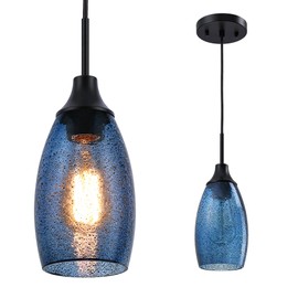 Viinew Mini Glass Pendant Light 1-Pack Handblown Clear Dark Blue Seeded Glass Shade Adjustable Cord Ceiling Light Fixture for Kitchen Island Sink 4.72"