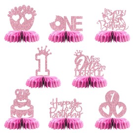 Maicaiffe Miss Onderful Table Honeycomb Centerpieses Decorations - Glitter 8 Pcs 1st Birthday Party Table Toppers Decor - Gender Reveal - Girl Birthday Party Decoration Supplies