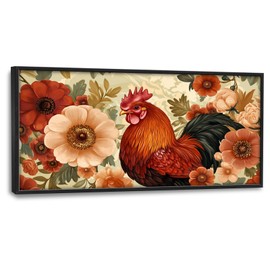 Lovira Farmhouse Rooster Large Wall Art Rustic Country Farm Chicken Floral Canvas Wall Decor Pictures Prints Painting Framed Artwork for Living Room Bedroom Bathroom Kitchen 30"x60"