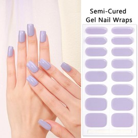 SILPECWEE Semi Cured Gel Nail Strips (Bright Purple Solid - 16PCS), Gel Nail Stickers Full Nail Wraps Need UV Light, Salon Quality & Easy to Use - with Prep Pads, Nail File, Wood Stick