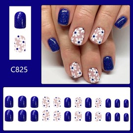 CEWEWP Spring Press on Nails Short Square Fake Nails Mini Flower False Nails Blue Glitter Nails Press ons Artificial Nails Glossy Acrylic Nails Full Cover Spring Summer Stick on Nails for Women 24 Pcs