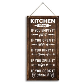 Farmhouse Kitchen Rules Sign, Rustic Wooden Plaque, 12x6inch (J10)