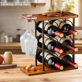 Countertop Wine Rack, 13.6×6.5×13.6inch Tabletop Wine Racks Wine Bottle Holder for 6 Bottles and 2 Glasses, Metal Wine Rack with Wooden Tray, Perfect for Kitchen/Dining Room (Black, 13.6×6.5×13.6inch)