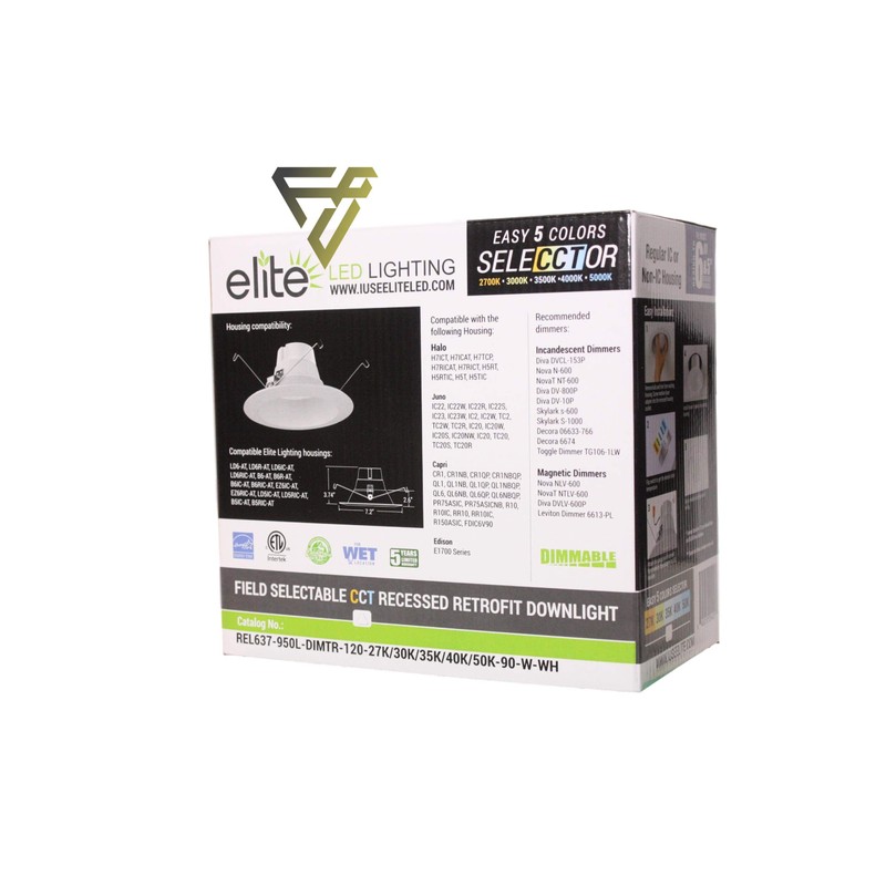 Elite REL637-CCT Series LED Retrofit Baffle Trim, Color SeleCCTor 2700K/3000K/3500K/4000K/5000K