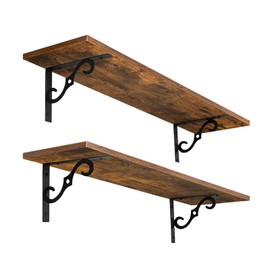 DINZI LVJ Long Wall Shelves, 23.6 Inch Large Floating Shelves Set of 2, Wide Display Shelf Wall Mounted with Brackets, Easy Hanging for Living Room, Toilet, Office, Bedroom, Rustic Brown