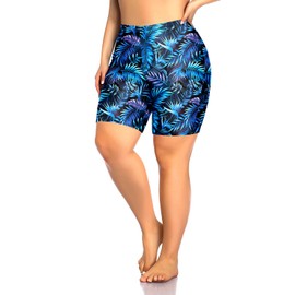 Aqua Eve - Pantalones cortos de natación para mujer, talla grande, con control de abdomen, parte inferior de bikini de cintura alta, Azul (Leaves), 22 Plus
