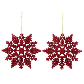 12pk Glitter Snowflake Hanging Decorations, Christmas Tree Snowflake Baubles/Ornaments (Red)
