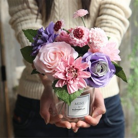 Artificial Flowers, Mini Rose Dahlia Bunches (8 Pieces), Bouquet, Interior Artificial Flowers, Roses, Dahlia, Silk, Mother's Day Gift, Celebration, Wedding Bouquet, Valentine's Day Gift, Birthday, Mother's Day (Purple)