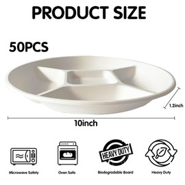 ZILAMGOO 50 Pack 5 Compartment Disposable Paper Plates, Eco-Friendly Sectional Plates, Heavy Duty Biodegradable Sectional Lunch Trays for Party, Picnic, Restaurant, Camping (White)
