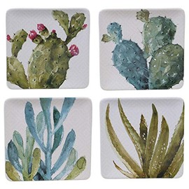 Certified International Cactus Verde 8.5"S quare Salad/Dessert Plates, Set of 4 Assorted Designs,One Size, Multicolored,22171SET4
