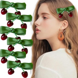 6 Pcs Cherry Bow Hair Clip Green Bow Cherry Alligator Clips for Women Girls Red Cherry Green Bowknot Hairpin Hair Barrettes for Christmas Valentine Party Gift