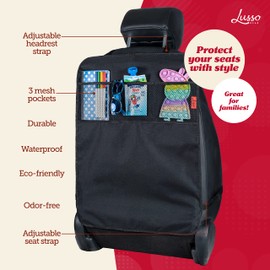 Lusso Gear Car Seat Back Protector Cover for Kids (2 Pack) - Black, 3 Mesh Pockets - Backseat Car Organizer - Waterproof & Machine Washable - Protects Against Mud, Scuffs & Spills