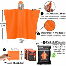 aZengear Emergency Survival Poncho (4pc) Thermal Mylar Foil Coating Blanket for Heat Retention and Rain | Reversible with Hood | Waterproof, Windproof, Portable, Hands-free, Outdoor Kit