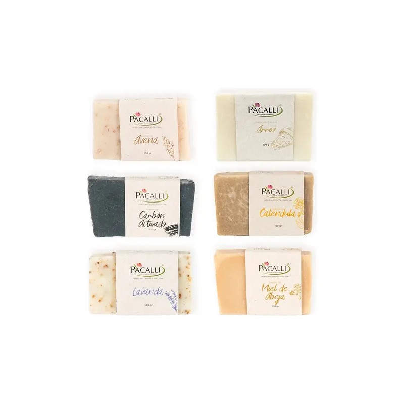PACALLI Jabones Artesanales 6 Pack; Arroz, Avena, Caléndula, Carbón Activado,