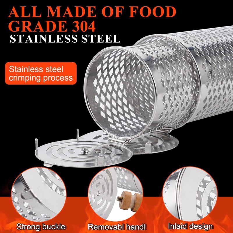 Rolling Grill Baskets(2 PCS),304 Stainless Steel with Removable Wooden Handle,