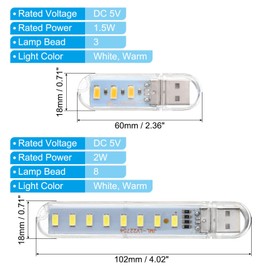 PATIKIL USB Night Light, 4 Pack Portable Plug-in Mini LED Lamp Stick with 3 Beads 8 Beads for Home Decor Reading Sleeping Camping, White/Warm