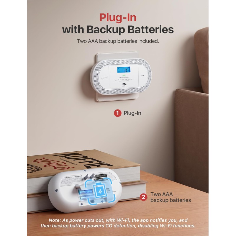 X-Sense Wi-Fi Plug-in Carbon Monoxide Detector with AAA Battery Backup,